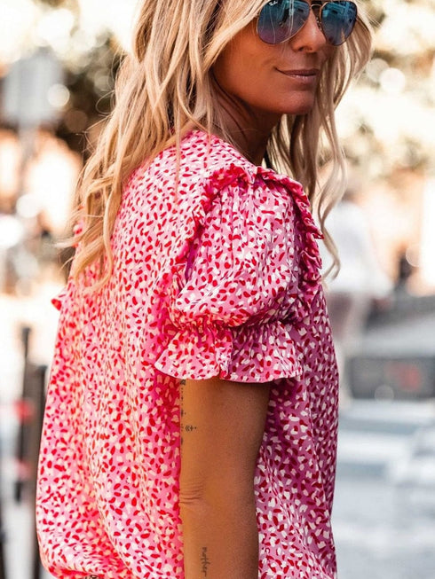 Pink Abstract Printed Ruffle Sleeve V-Neck Shirt