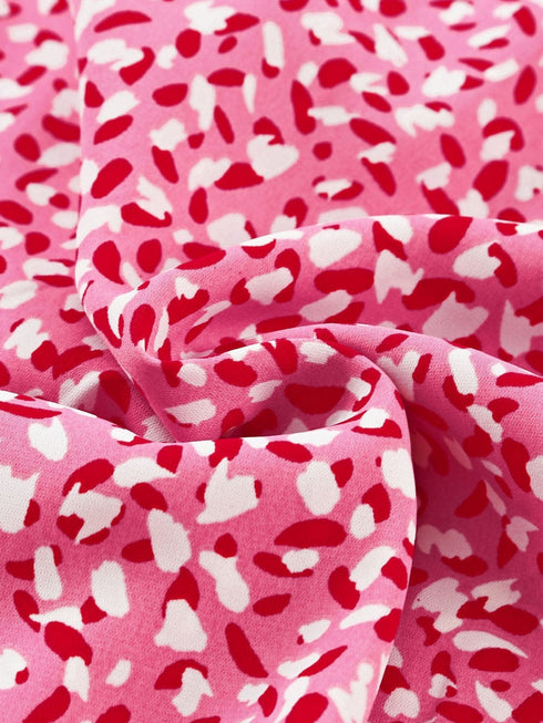 Pink Abstract Printed Ruffle Sleeve V-Neck Shirt