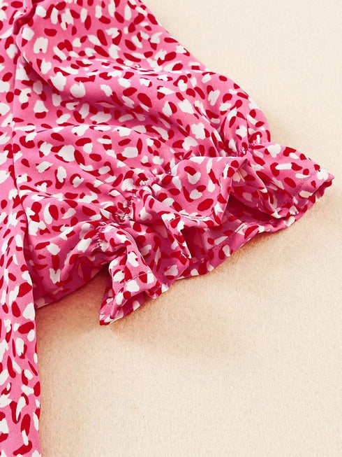 Pink Abstract Printed Ruffle Sleeve V-Neck Shirt