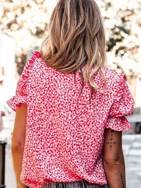 Pink Abstract Printed Ruffle Sleeve V-Neck Shirt