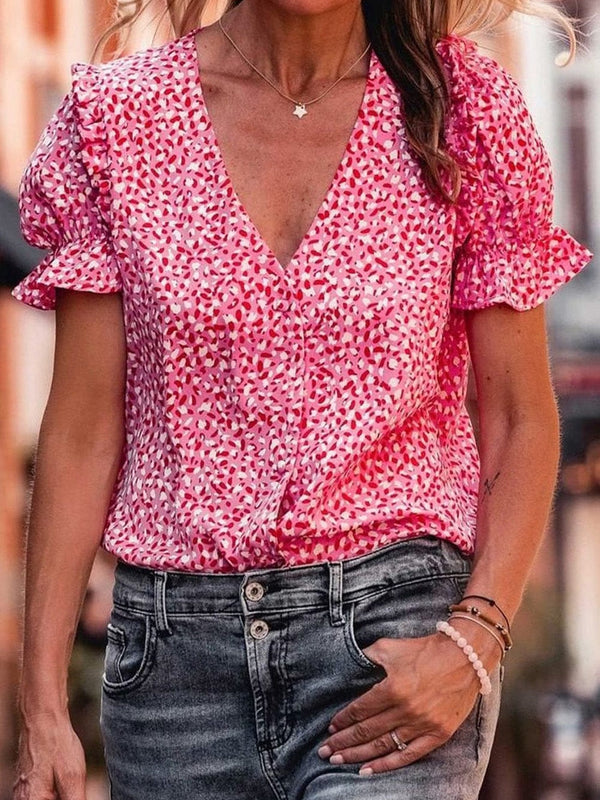 Pink Abstract Printed Ruffle Sleeve V-Neck Shirt