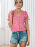 Pink Abstract Printed Ruffle Sleeve V-Neck Shirt