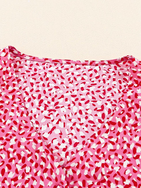 Pink Abstract Printed Ruffle Sleeve V-Neck Shirt