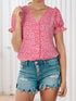 Pink Abstract Printed Ruffle Sleeve V-Neck Shirt