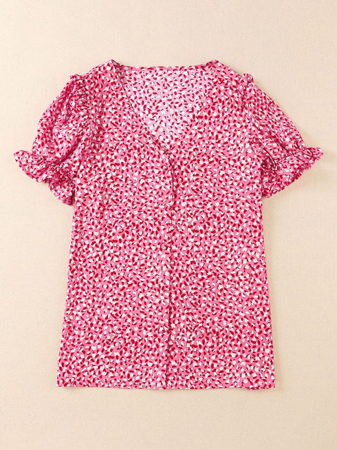 Pink Abstract Printed Ruffle Sleeve V-Neck Shirt