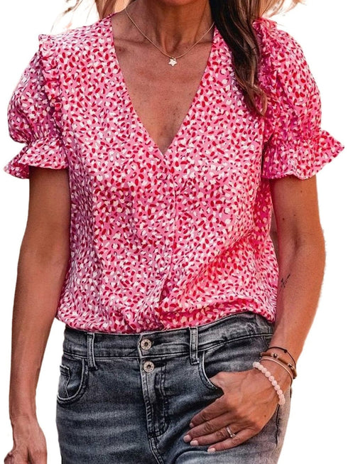 Pink Abstract Printed Ruffle Sleeve V-Neck Shirt