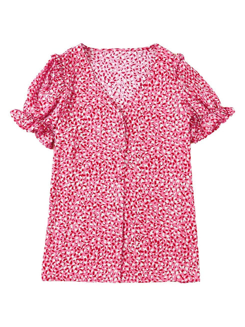 Pink Abstract Printed Ruffle Sleeve V-Neck Shirt