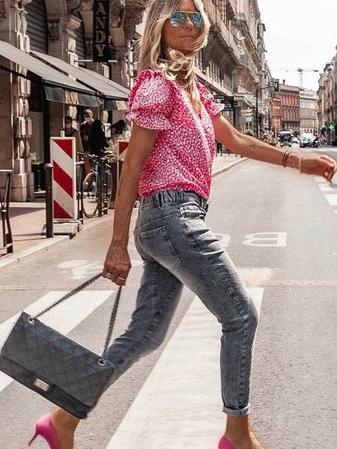 Pink Abstract Printed Ruffle Sleeve V-Neck Shirt