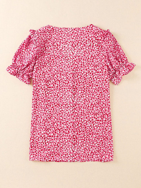 Pink Abstract Printed Ruffle Sleeve V-Neck Shirt