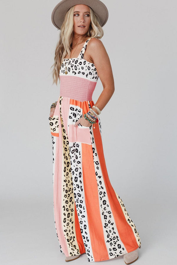Pink and Orange Leopard Print Color Block Jumpsuit with Pockets