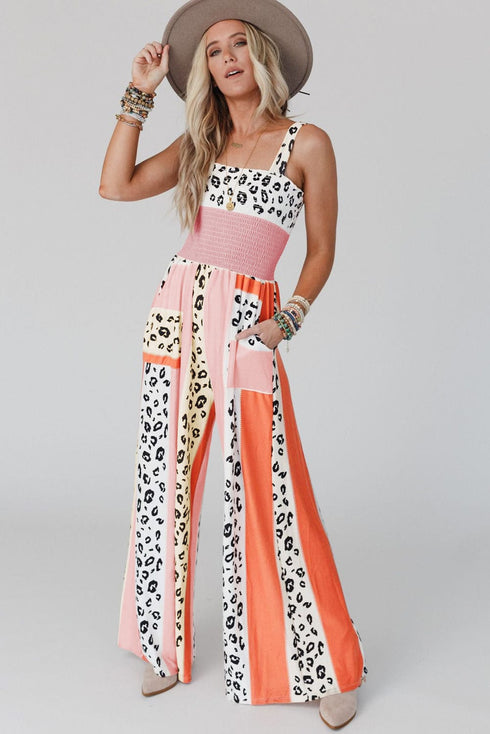 Pink and Orange Leopard Print Color Block Jumpsuit with Pockets