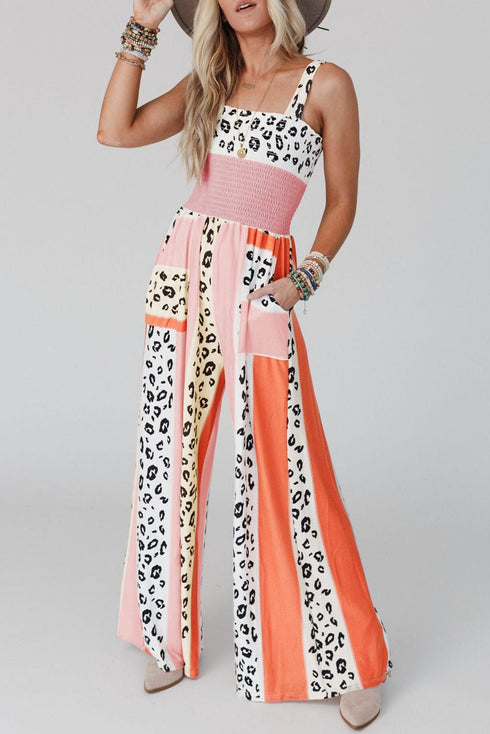 Pink and Orange Leopard Print Color Block Jumpsuit with Pockets