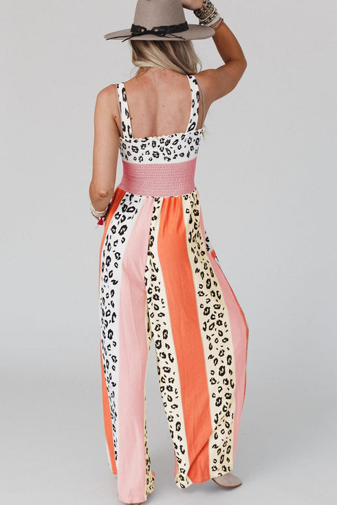 Pink and Orange Leopard Print Color Block Jumpsuit with Pockets