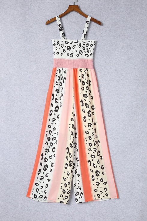 Pink and Orange Leopard Print Color Block Jumpsuit with Pockets