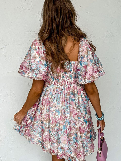 Pink Blossom Square Neck Ruffled Mini Dress