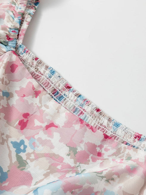 Pink Blossom Square Neck Ruffled Mini Dress