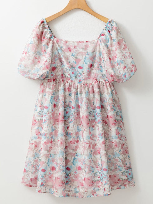 Pink Blossom Square Neck Ruffled Mini Dress
