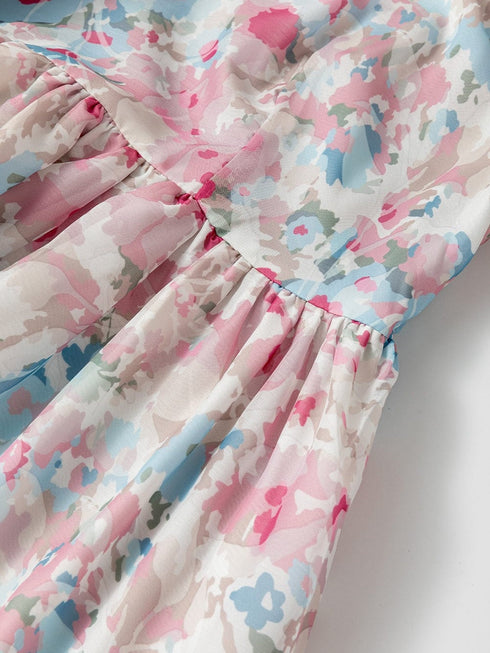 Pink Blossom Square Neck Ruffled Mini Dress