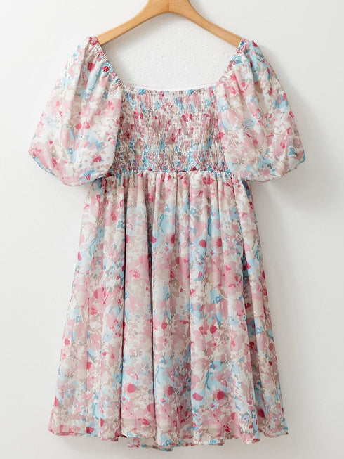 Pink Blossom Square Neck Ruffled Mini Dress