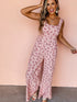 Pink Floral Backless Jumpsuit with Square Neck and High Waist
