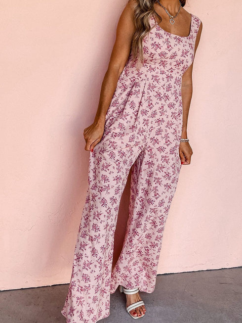 Pink Floral Backless Jumpsuit with Square Neck and High Waist