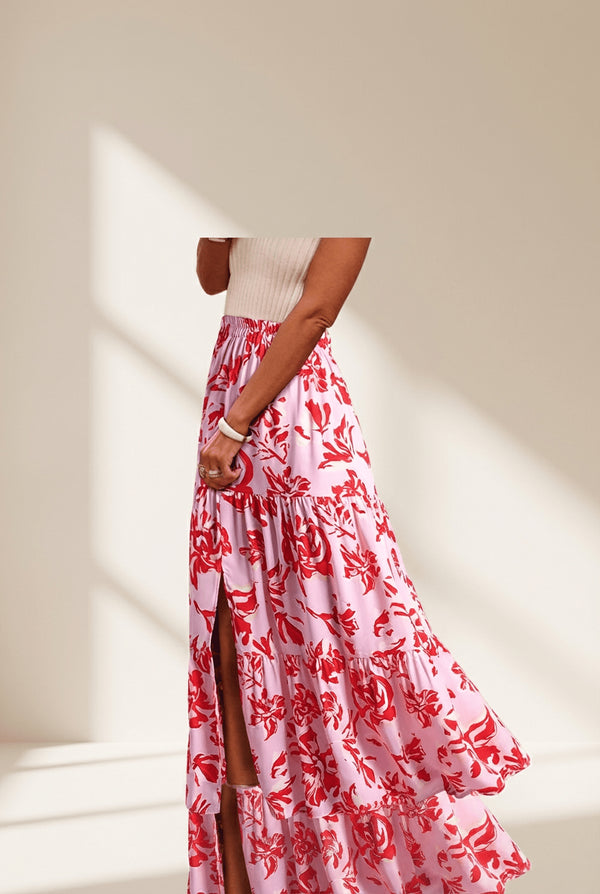 Women's Pink Floral Tiered Maxi Skirt with Side Split