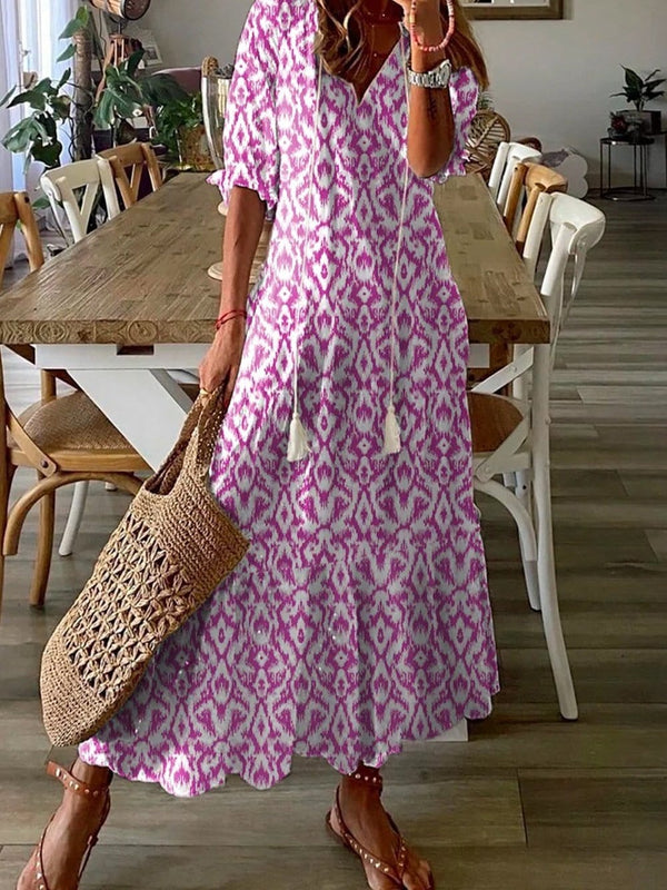 Pink Geometric Print V Neck Maxi Dress for Summer Styles