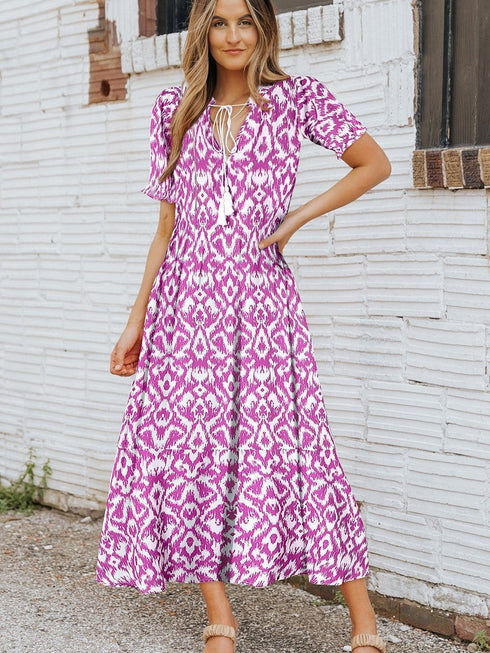 Pink Geometric Print V Neck Maxi Dress for Summer Styles