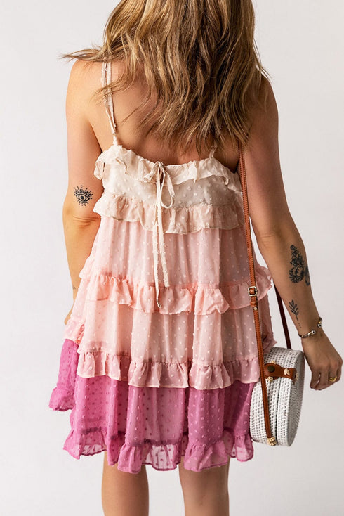 Pink Gradient Swiss Dot Ruffle Mini Dress