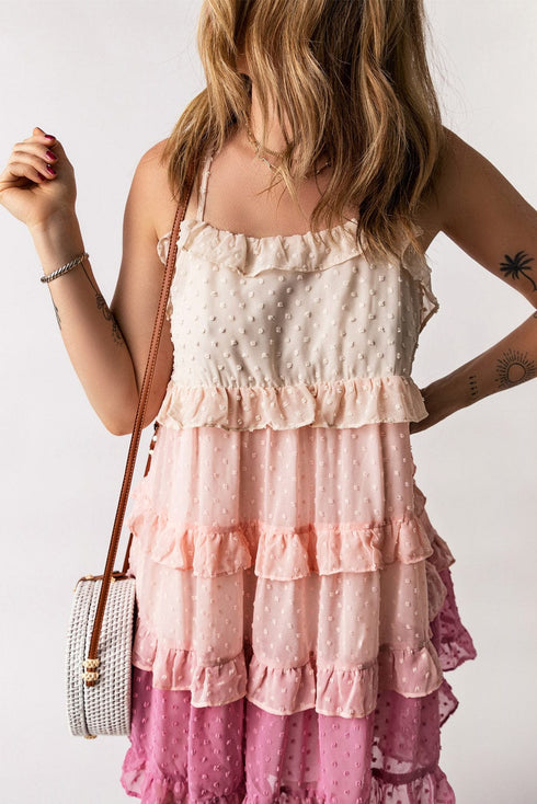 Pink Gradient Swiss Dot Ruffle Mini Dress