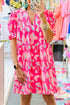 Pink Leopard Abstract Tiered Shift Dress with Puff Sleeves