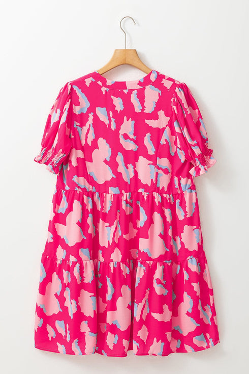 Pink Leopard Abstract Tiered Shift Dress with Puff Sleeves