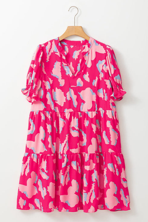Pink Leopard Abstract Tiered Shift Dress with Puff Sleeves