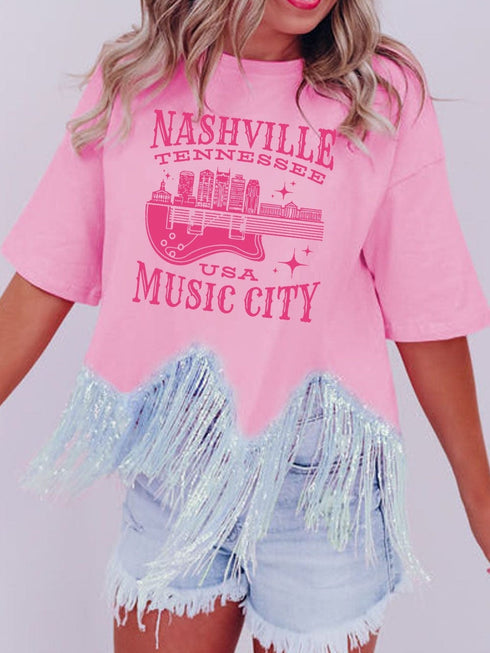 Pink Nashville Music City Sequin Fringed Hem Tee