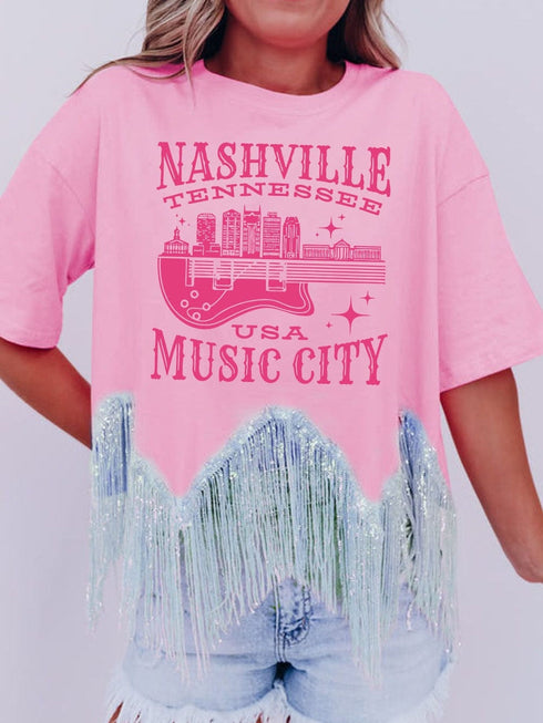 Pink Nashville Music City Sequin Fringed Hem Tee