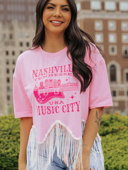 Pink Nashville Music City Sequin Fringed Hem Tee