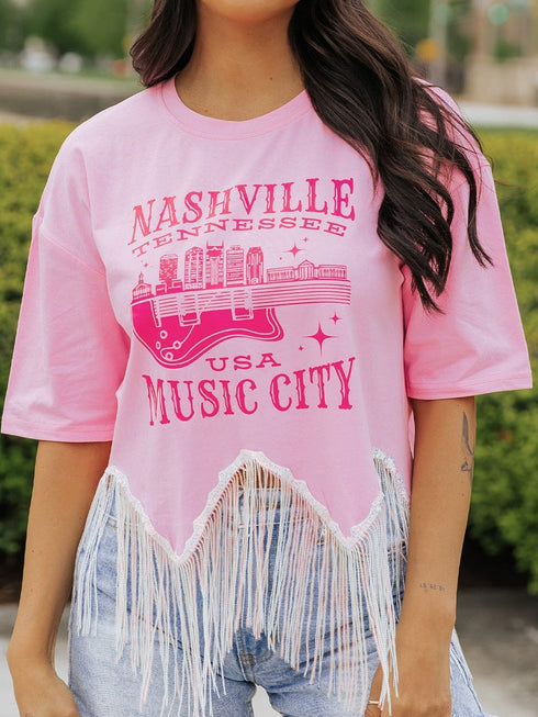 Pink Nashville Music City Sequin Fringed Hem Tee