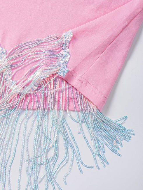 Pink Nashville Music City Sequin Fringed Hem Tee