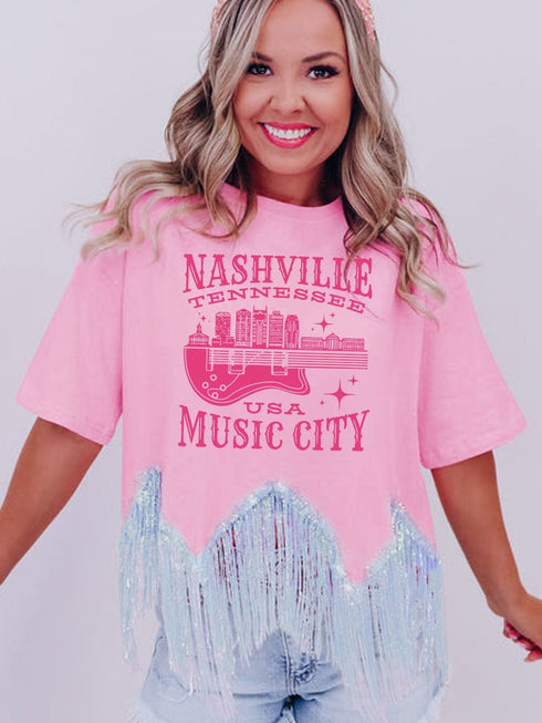 Pink Nashville Music City Sequin Fringed Hem Tee