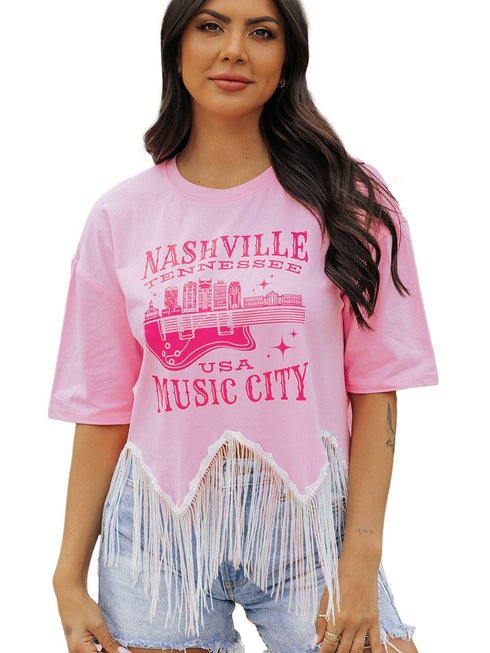 Pink Nashville Music City Sequin Fringed Hem Tee