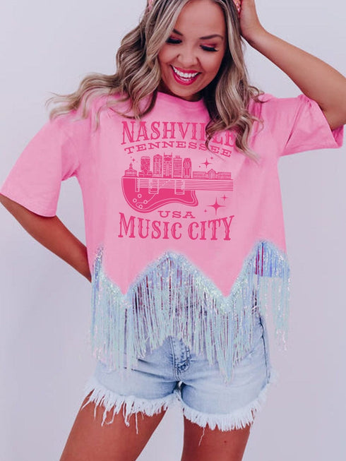 Pink Nashville Music City Sequin Fringed Hem Tee