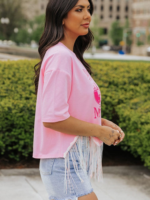 Pink Nashville Music City Sequin Fringed Hem Tee