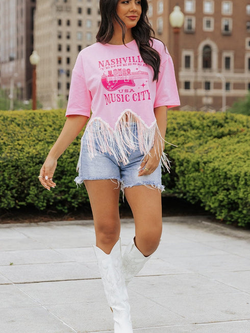 Pink Nashville Music City Sequin Fringed Hem Tee