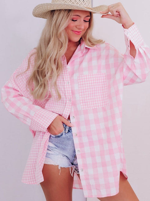 Pink Patchwork Plaid Button-Up Shirt