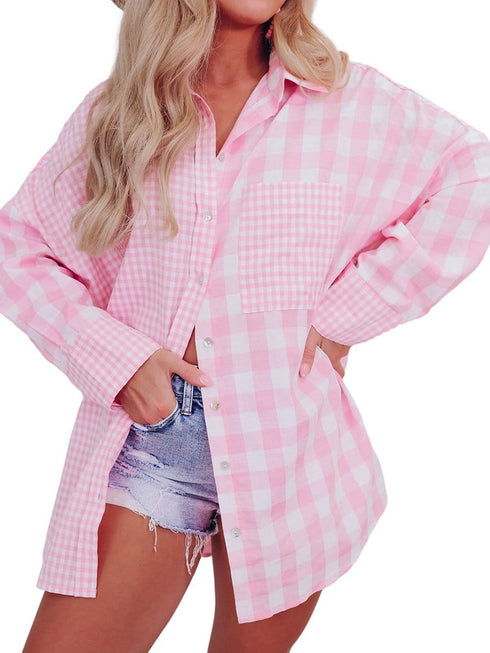 Pink Patchwork Plaid Button-Up Shirt