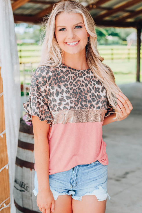 Pink Sequin Leopard Patchwork Short Sleeve Top with Colorblock Detail