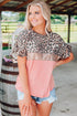 Pink Sequin Leopard Patchwork Short Sleeve Top with Colorblock Detail
