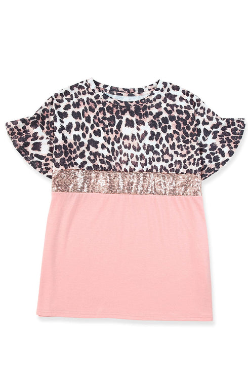 Pink Sequin Leopard Patchwork Short Sleeve Top with Colorblock Detail