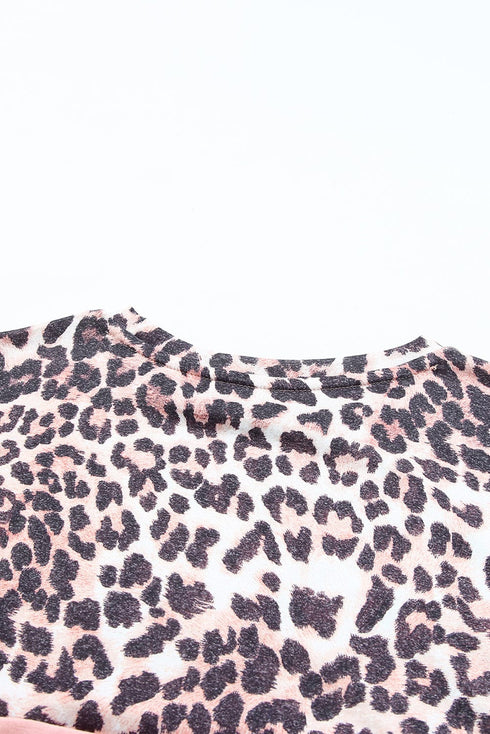Pink Sequin Leopard Patchwork Short Sleeve Top with Colorblock Detail