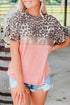 Pink Sequin Leopard Patchwork Short Sleeve Top with Colorblock Detail